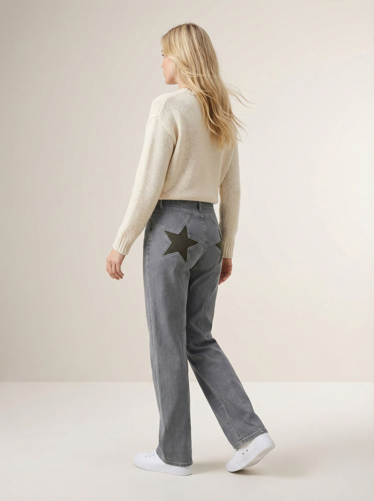 Weite Jeans für Damen mit Sternaufnäher und hohem Bund, Produktbild 2