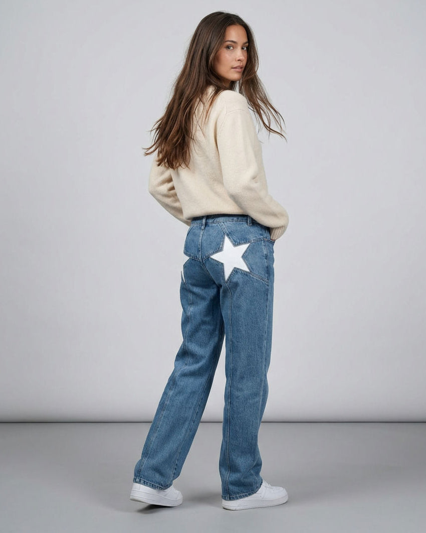 Weite Jeans für Damen mit Sternaufnäher und hohem Bund, Produktbild 3