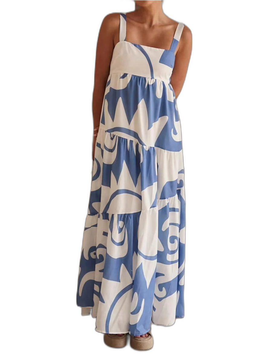 Maxikleid Blau Weiß Print vor weißem Hintergrund