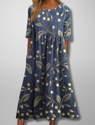 Aquarell Blumendruck Midikleid in Marineblau