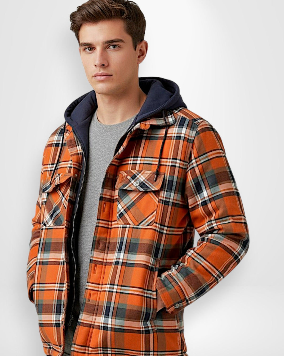 Gefütterte Holzfällerjacke für Herren mit Kapuze im Karomuster, Produktbild 1