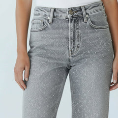 Gerade Jeans für Damen mit Glitzersteinen und hoher Taille, Produktbild 1