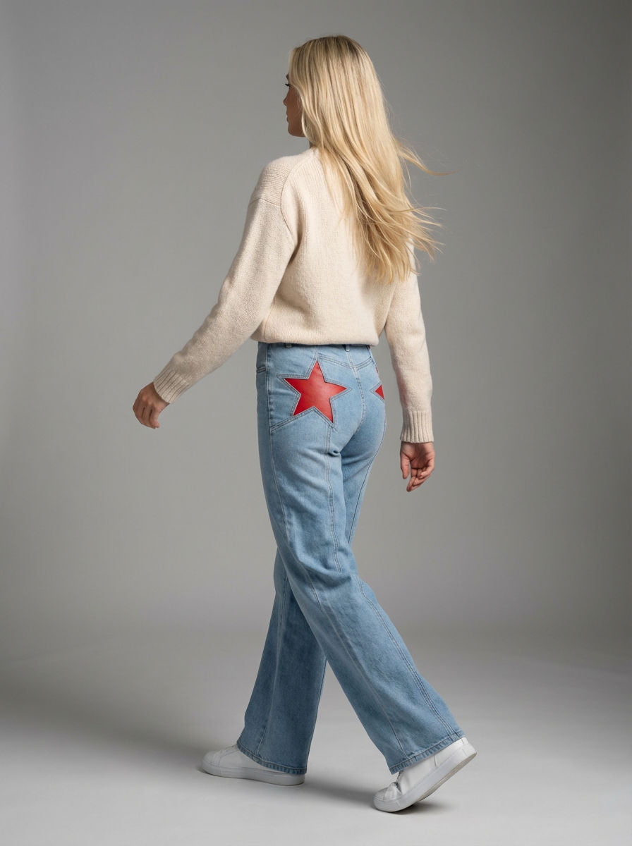 Weite Jeans für Damen mit Sternaufnäher und hohem Bund, Produktbild 5