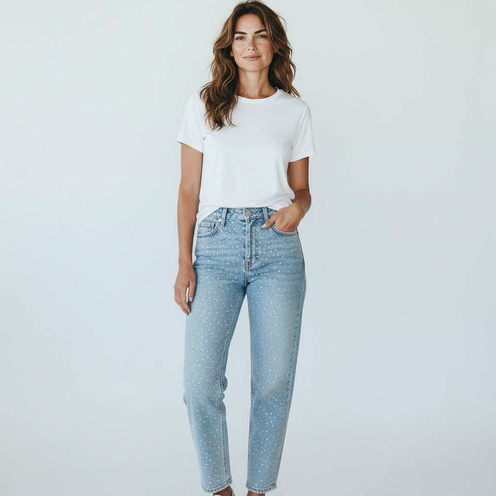Gerade Jeans für Damen mit Glitzersteinen und hoher Taille, Produktbild 3