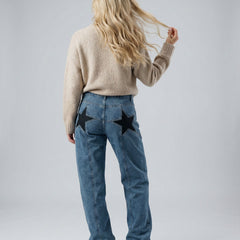 Weite Jeans für Damen mit Sternaufnäher und hohem Bund, Produktbild 1