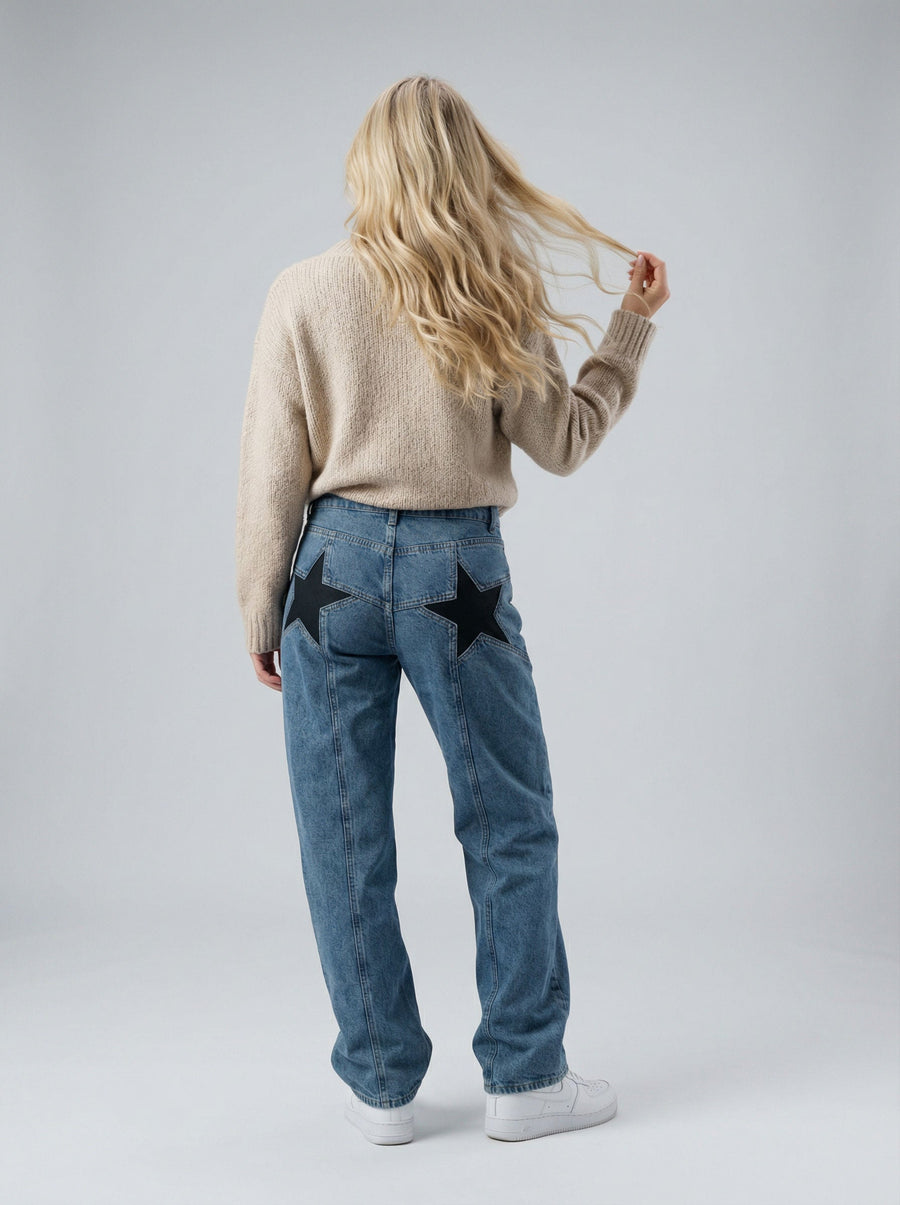 Weite Jeans für Damen mit Sternaufnäher und hohem Bund, Produktbild 1