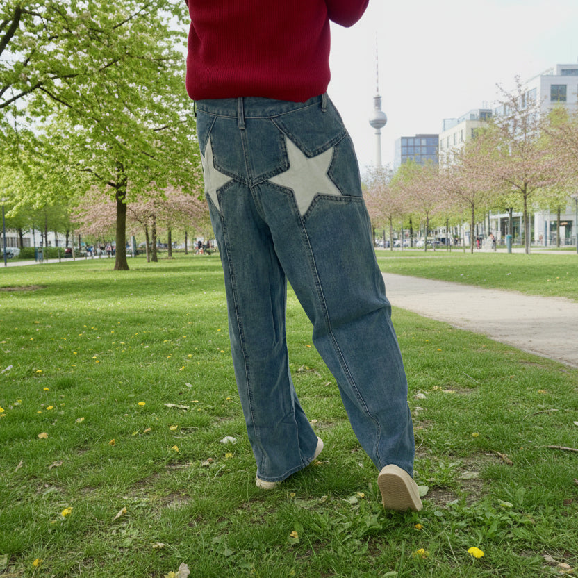 Weite Jeans für Damen mit Sternaufnäher und hohem Bund, Produktbild 14
