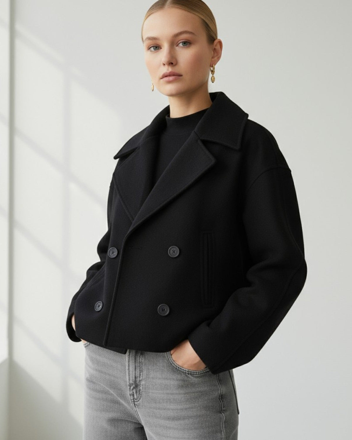 Kurze Damenjacke mit Reverskragen und doppelreihigem Verschluss, Produktbild 7