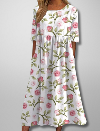 Aquarell Blumendruck Midikleid in Weiß und Rosa