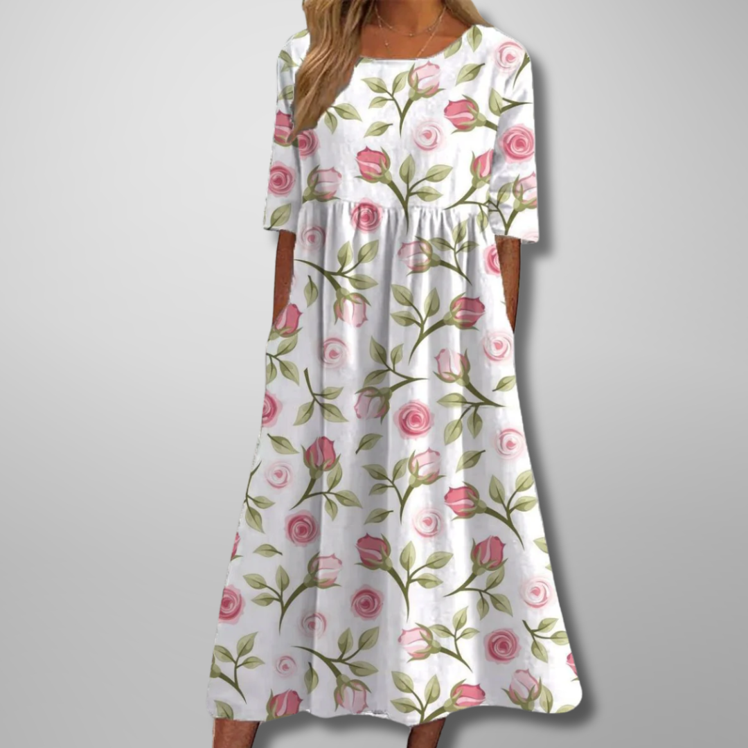 Aquarell Blumendruck Midikleid in Weiß und Rosa