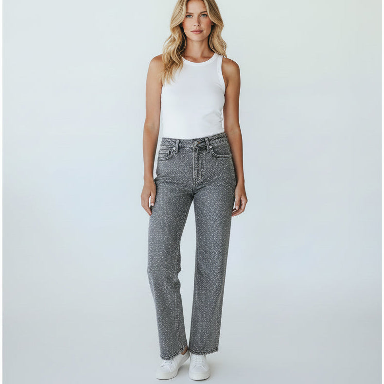 Gerade Jeans für Damen mit Glitzersteinen und hoher Taille, Produktbild 2