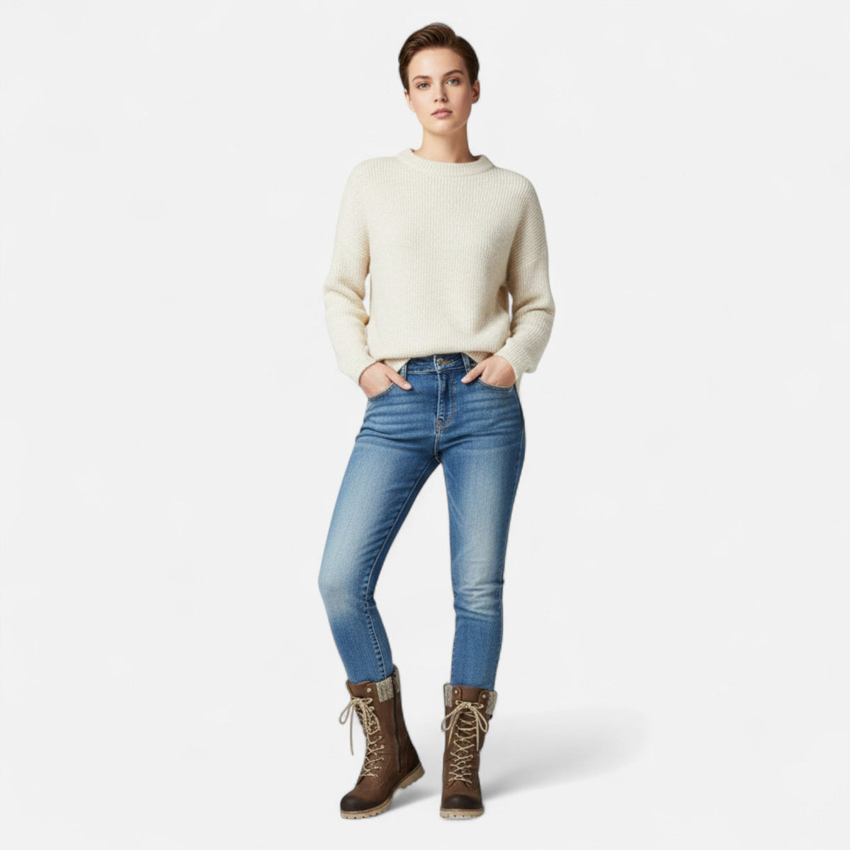 Damen Schnürstiefel mit Strickmanschette, gefüttert