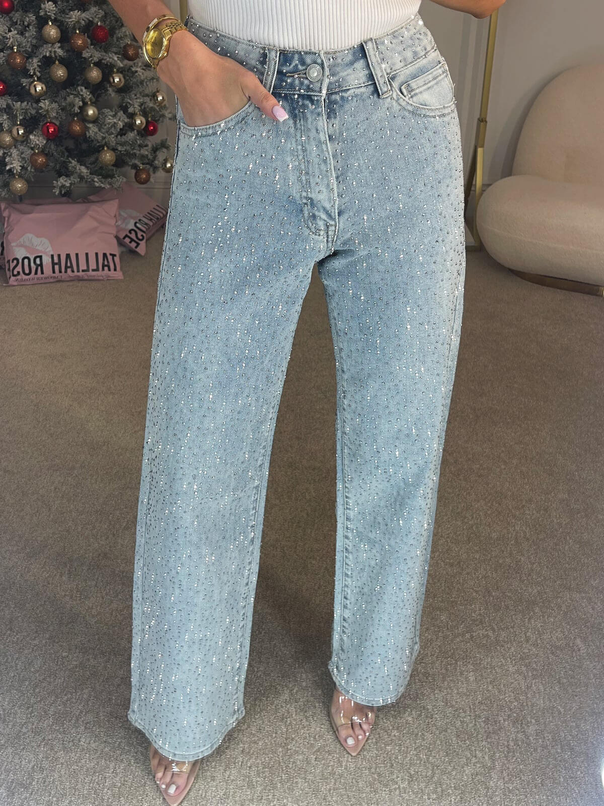Gerade Jeans für Damen mit Glitzersteinen und hoher Taille, Produktbild 5