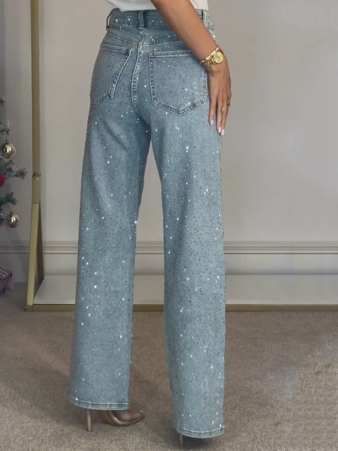 Gerade Jeans für Damen mit Glitzersteinen und hoher Taille, Produktbild 6