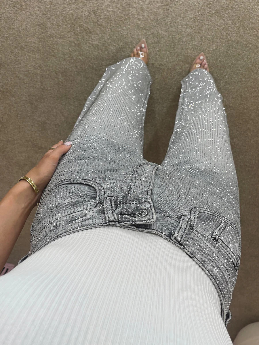 Gerade Jeans für Damen mit Glitzersteinen und hoher Taille, Produktbild 8