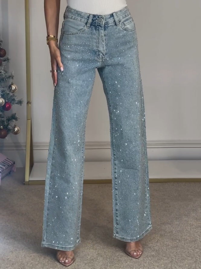 Gerade Jeans für Damen mit Glitzersteinen und hoher Taille, Produktbild 9