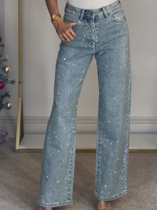 Gerade Jeans für Damen mit Glitzersteinen und hoher Taille, Produktbild 11
