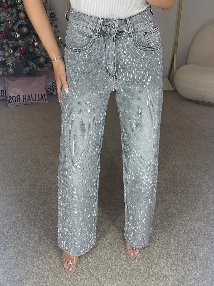 Gerade Jeans für Damen mit Glitzersteinen und hoher Taille, Produktbild 12