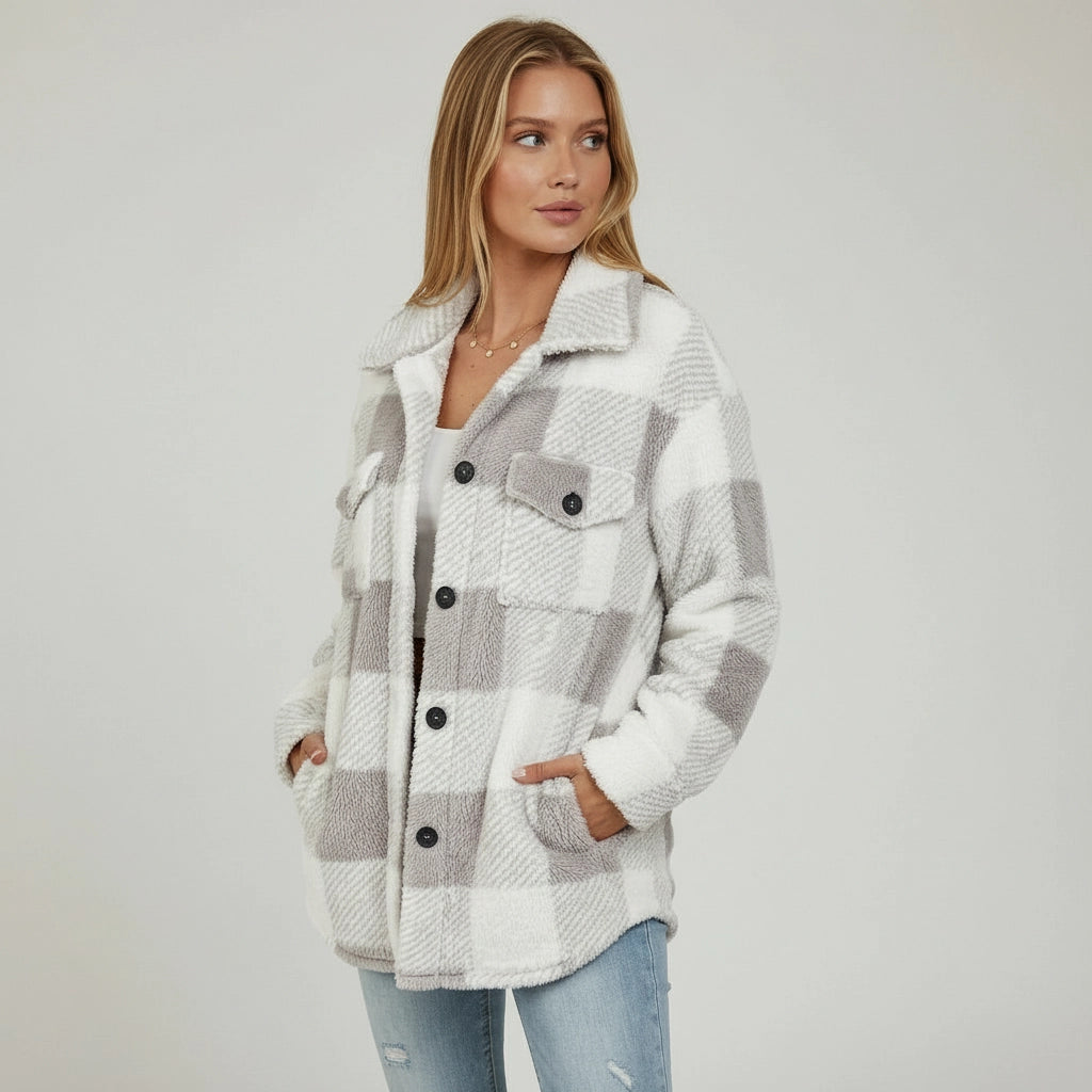 Karierte Hemdjacke für Damen aus Teddyfleece, Produktbild 2