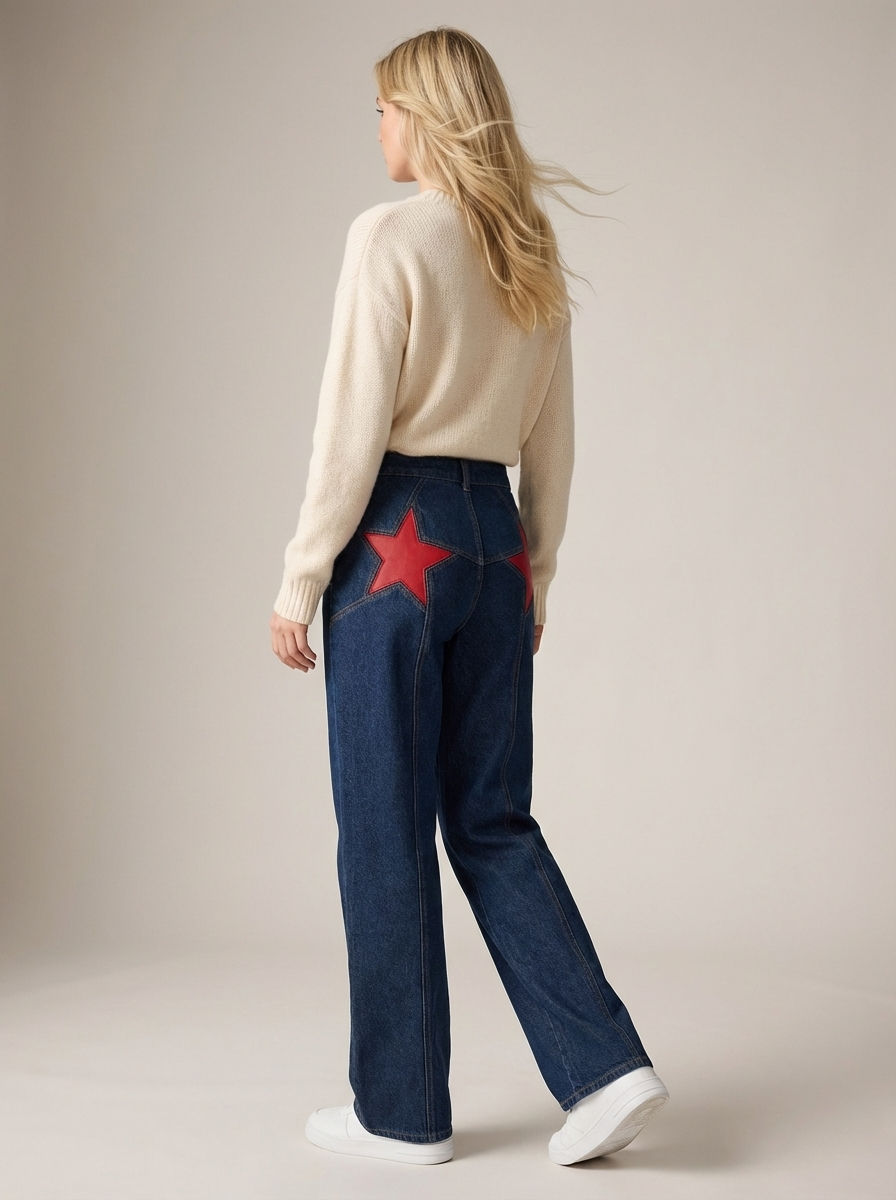 Weite Jeans für Damen mit Sternaufnäher und hohem Bund, Produktbild 6