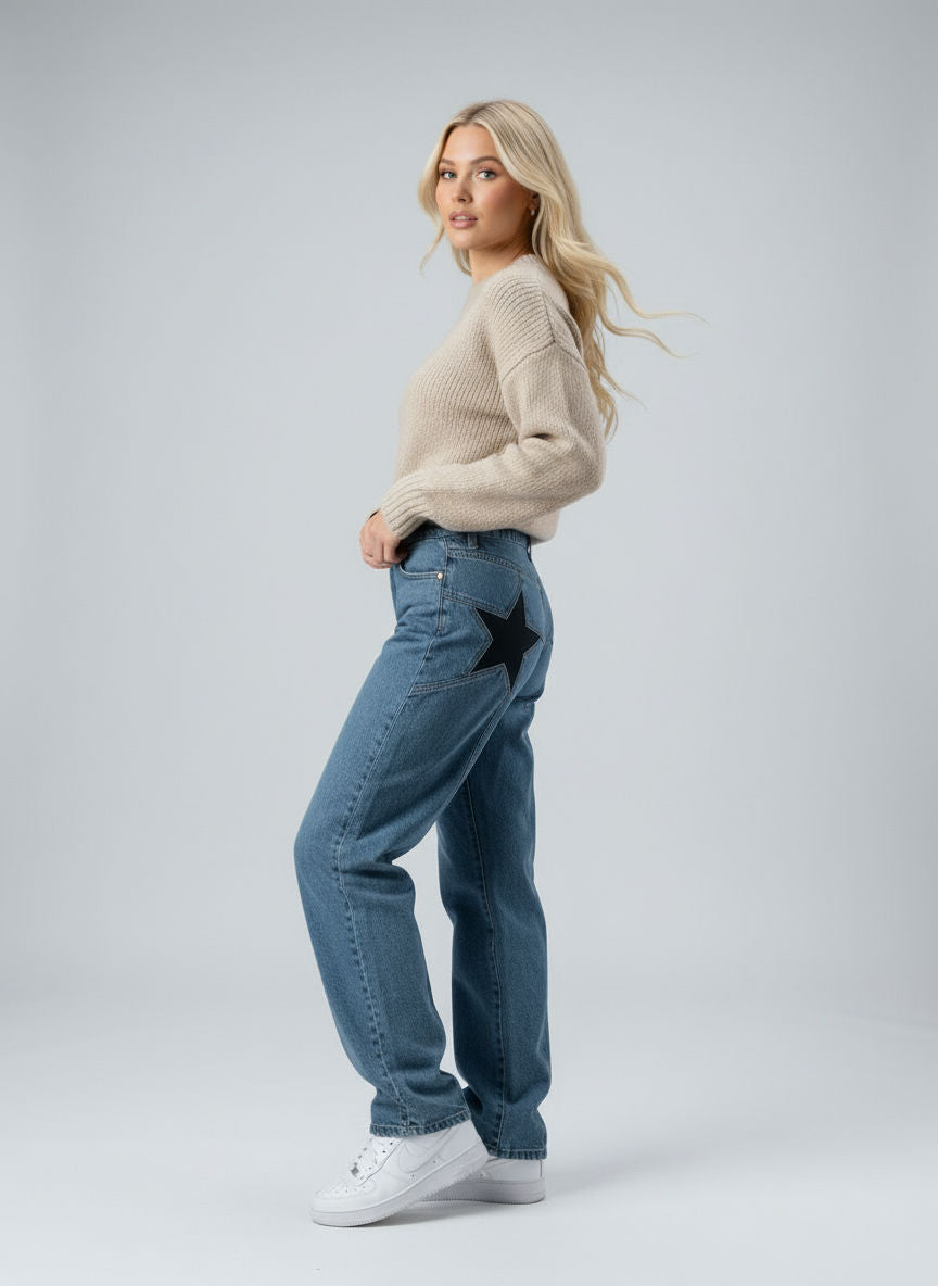 Weite Jeans für Damen mit Sternaufnäher und hohem Bund, Produktbild 8