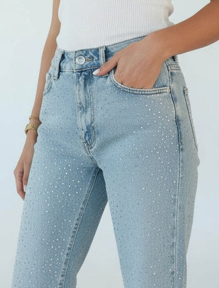 Gerade Jeans für Damen mit Glitzersteinen und hoher Taille, Produktbild 4
