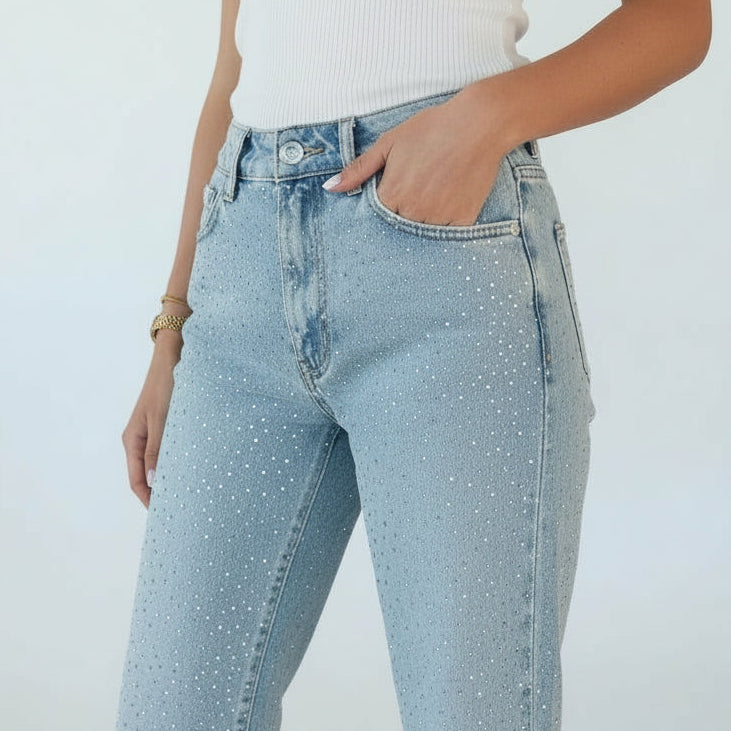 Gerade Jeans für Damen mit Glitzersteinen und hoher Taille, Produktbild 4