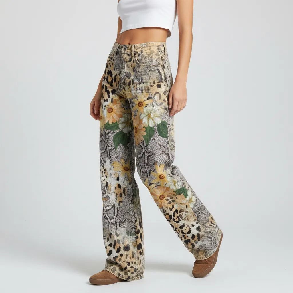 Weite Jeans für Damen mit Blumenprint und hohem Bund, Produktbild 5