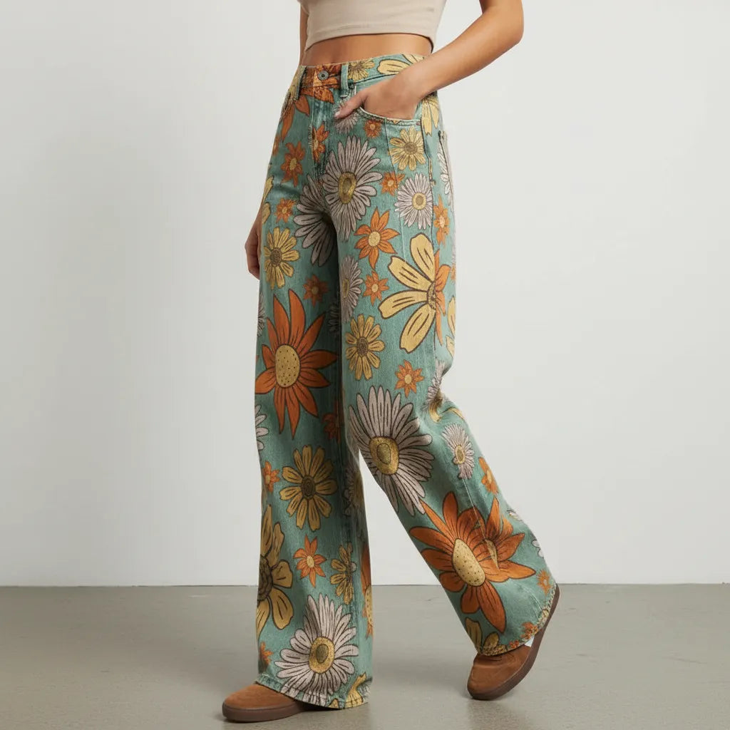 Weite Jeans für Damen mit Blumenprint und hohem Bund, Produktbild 7