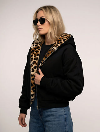 Wendebomberjacke für Damen mit Kapuze und Leopardenfutter, Produktbild 1