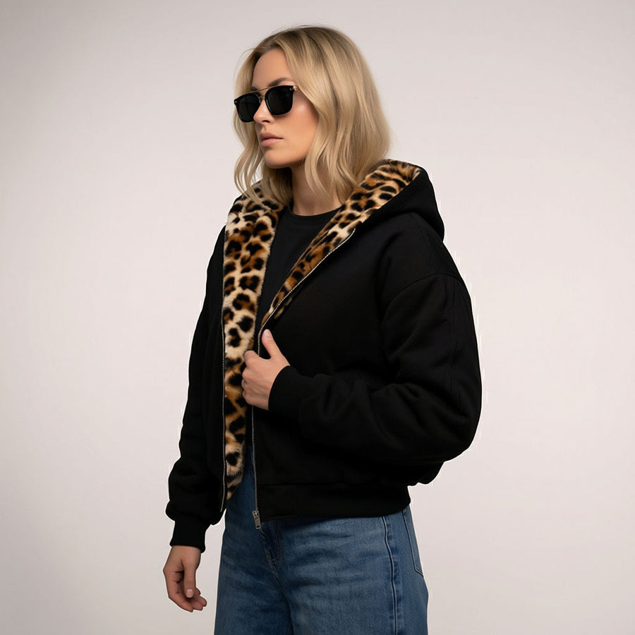 Wendebomberjacke für Damen mit Kapuze und Leopardenfutter, Produktbild 1