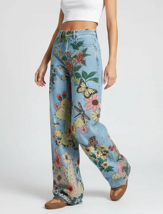 Weite Jeans für Damen mit Blumenprint und hohem Bund, Produktbild 8
