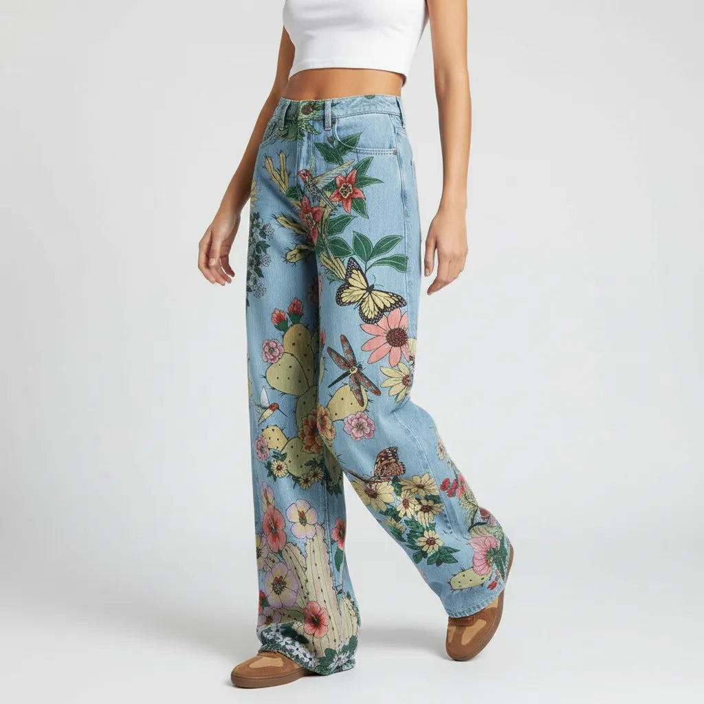 Weite Jeans für Damen mit Blumenprint und hohem Bund, Produktbild 8