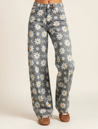 Weite Jeans für Damen mit Blumenprint und hohem Bund, Produktbild 1