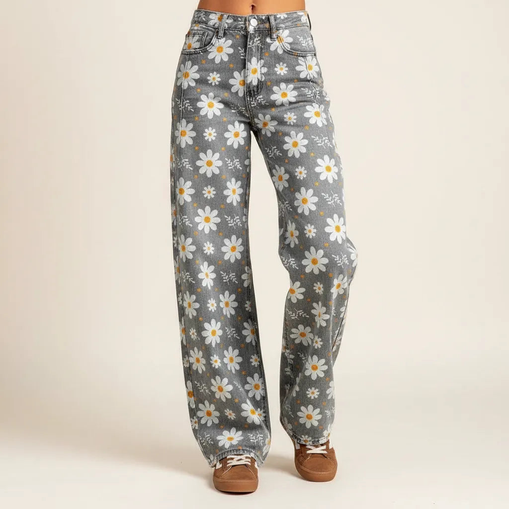 Weite Jeans für Damen mit Blumenprint und hohem Bund, Produktbild 1