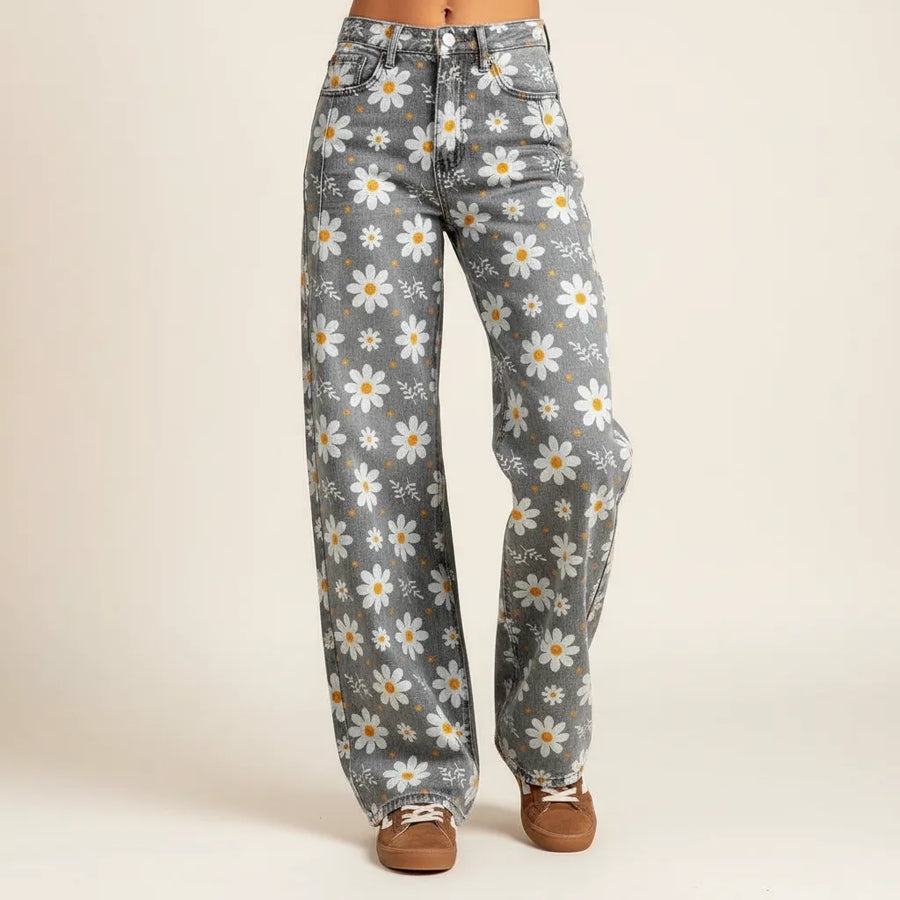 Weite Jeans für Damen mit Blumenprint und hohem Bund, Produktbild 1