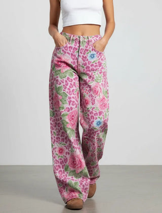 Weite Jeans für Damen mit Blumenprint und hohem Bund, Produktbild 3