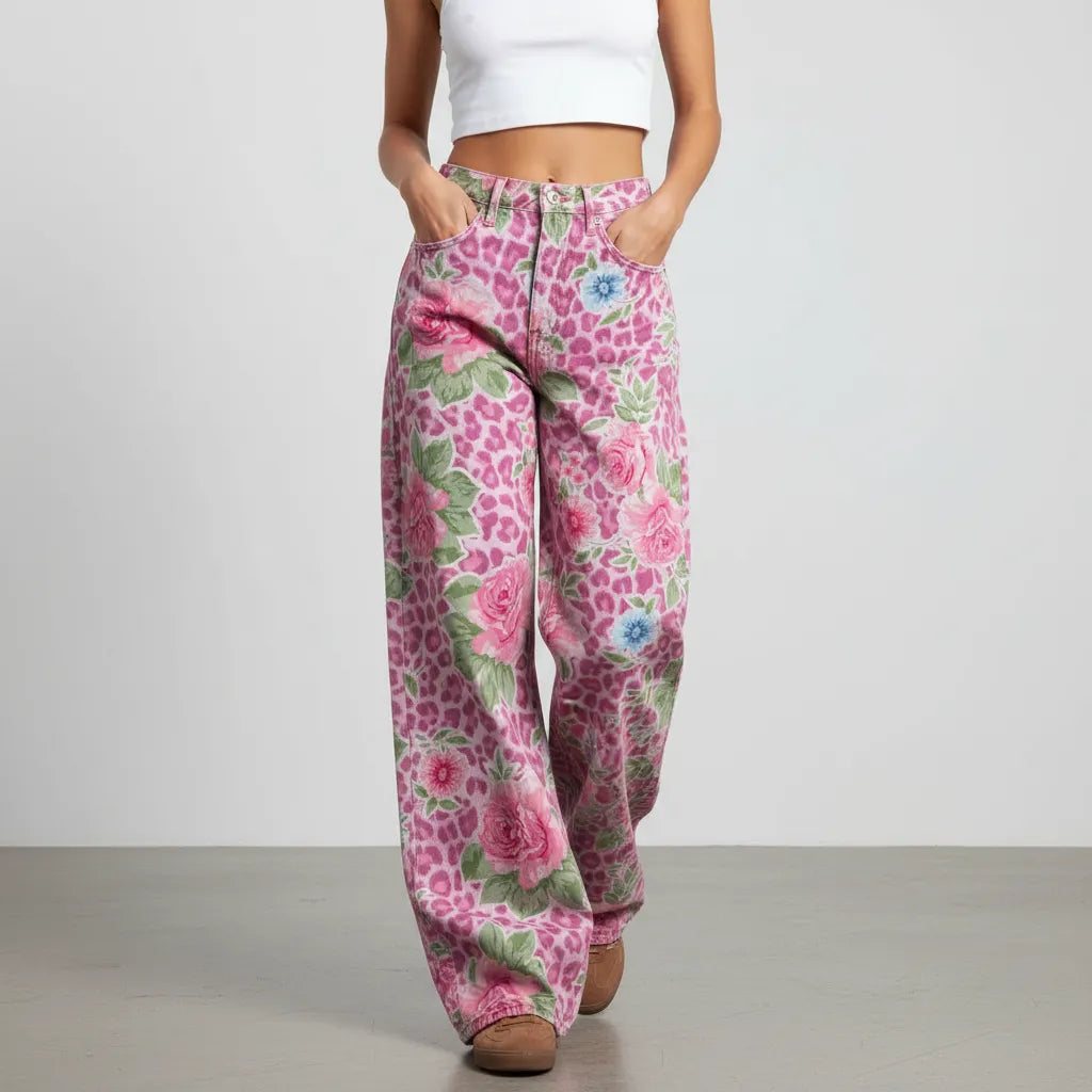 Weite Jeans für Damen mit Blumenprint und hohem Bund, Produktbild 3