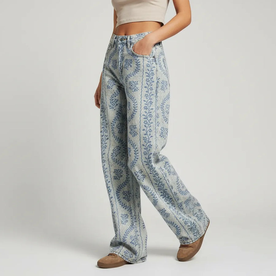 Weite Jeans für Damen mit Blumenprint und hohem Bund, Produktbild 2