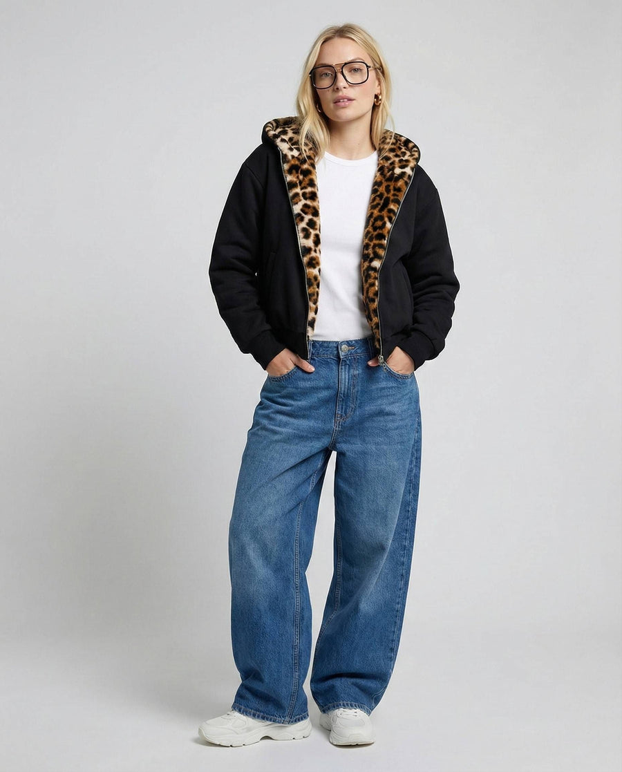 Wendebomberjacke für Damen mit Kapuze und Leopardenfutter, Produktbild 2