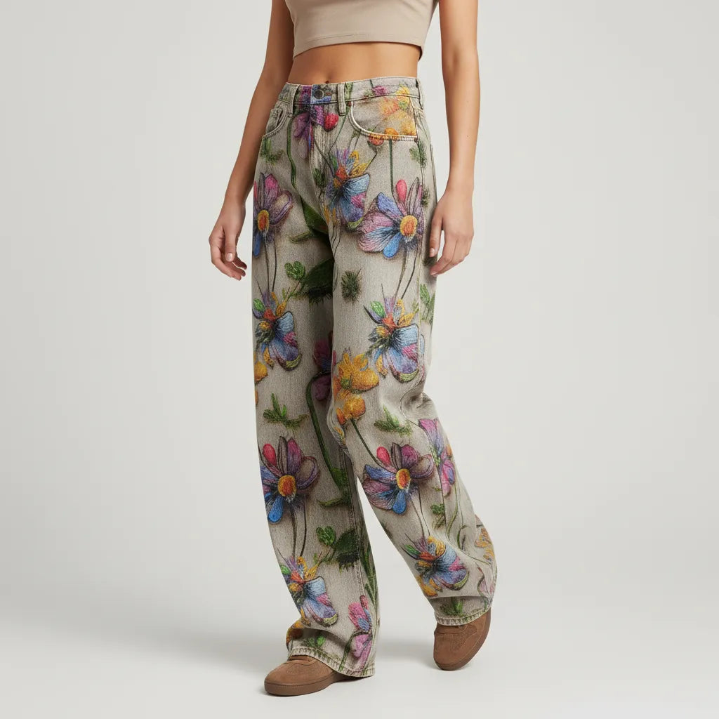 Weite Jeans für Damen mit Blumenprint und hohem Bund, Produktbild 6