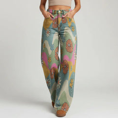 Weite Jeans für Damen mit Blumenprint und hohem Bund, Produktbild 4