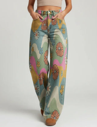 Weite Jeans für Damen mit Blumenprint und hohem Bund, Produktbild 4