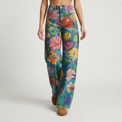 Weite Jeans für Damen mit Blumenprint und hohem Bund, Produktbild 12
