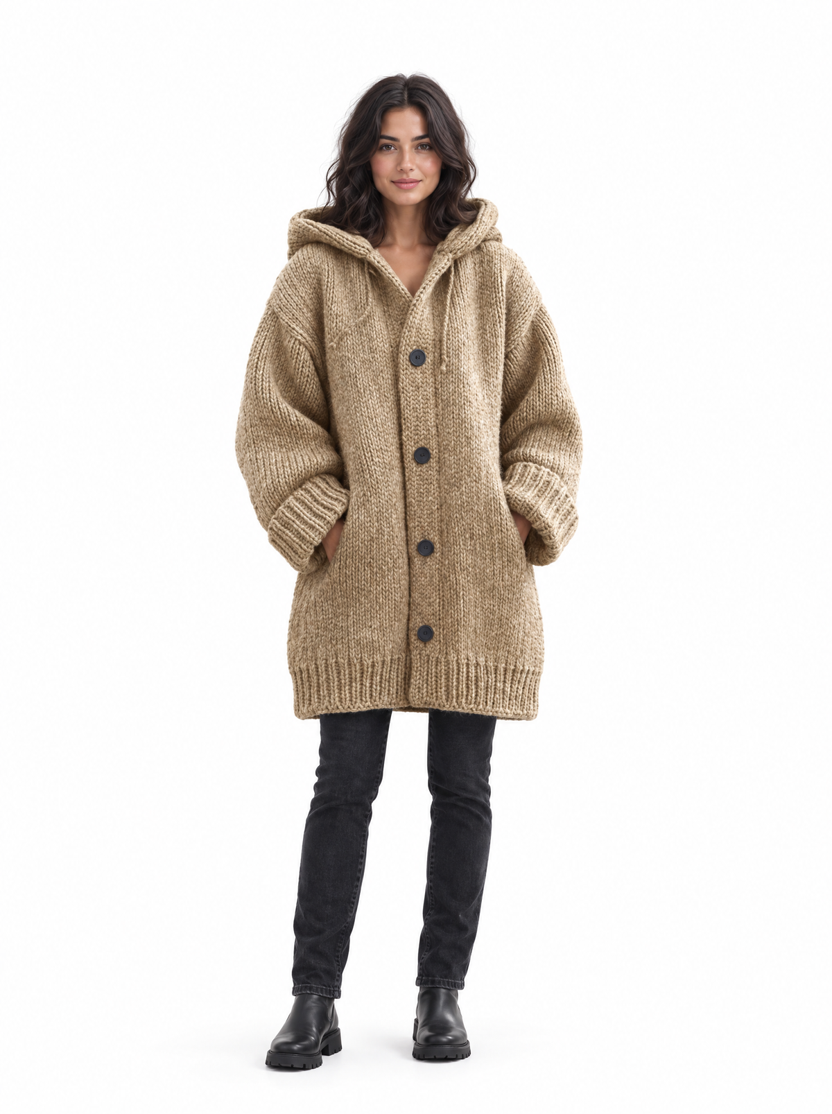 Oversize Strickjacke Kapuze vor weißem Hintergrund